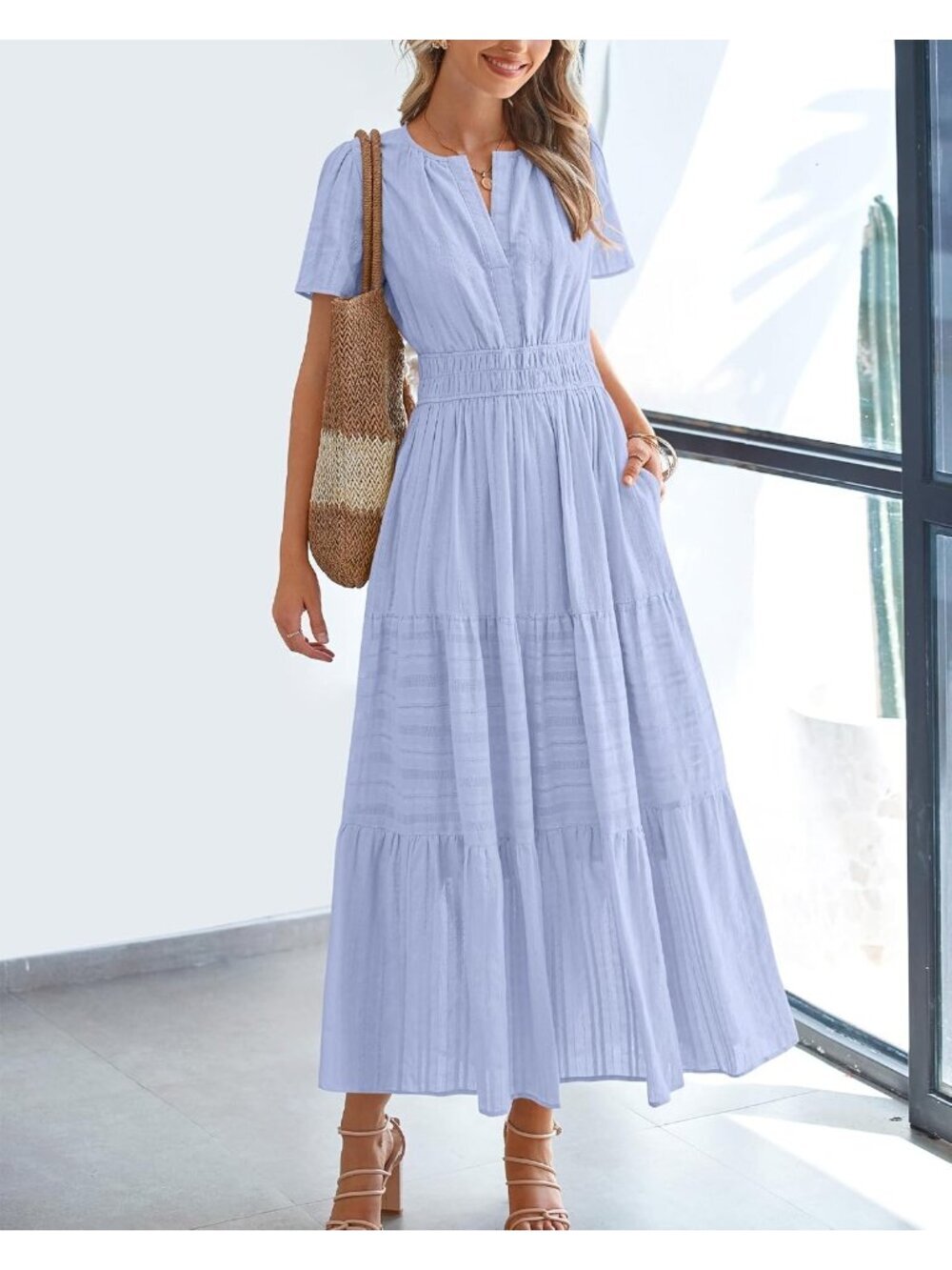 〽️Women's Light Blue Lightweight Short Sleeve V Neck Elastic Waist Maxi Dresses